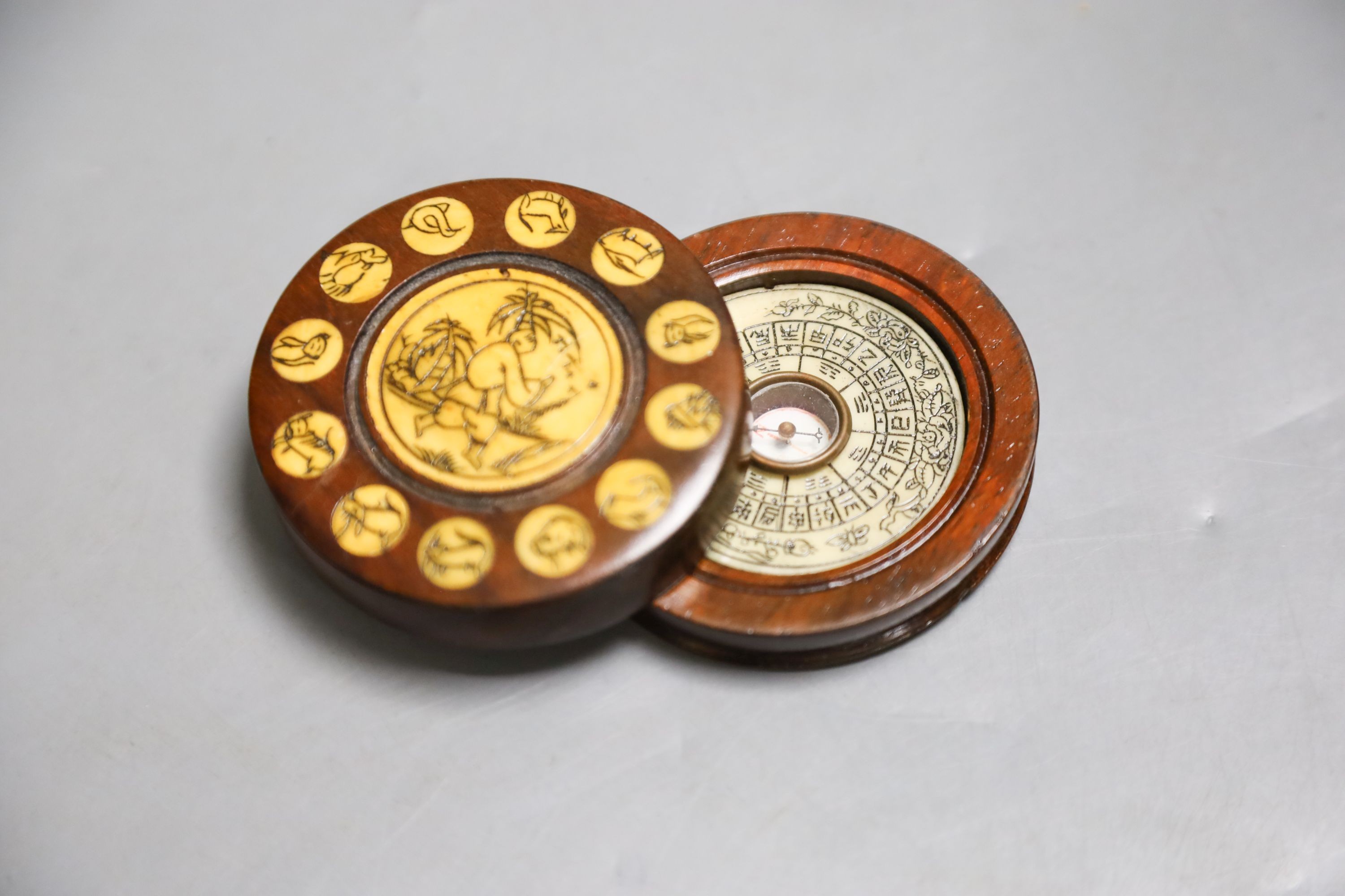 A 19th century banded burr walnut and satinwood miniature writing desk, faults, together with a Chinese fengshui hardwood compass 18cm